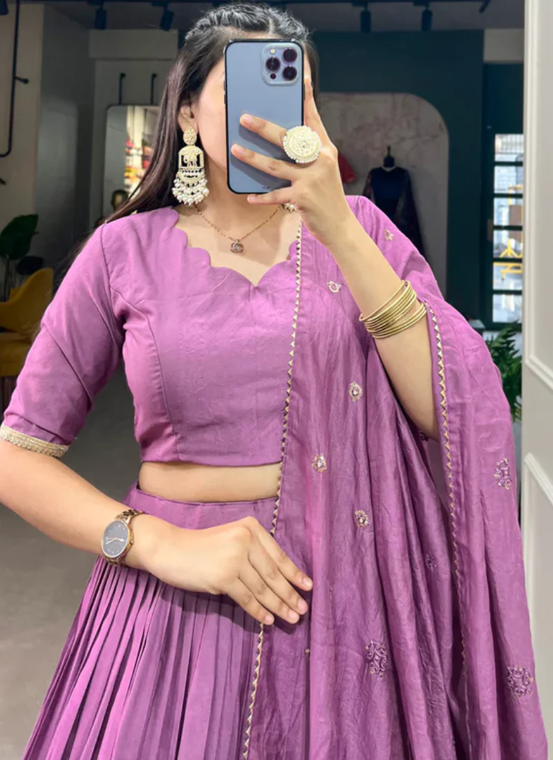 Customary Purple Plain Zari Weaving Work Pure Chanderi Lehenga Choli - Image 4