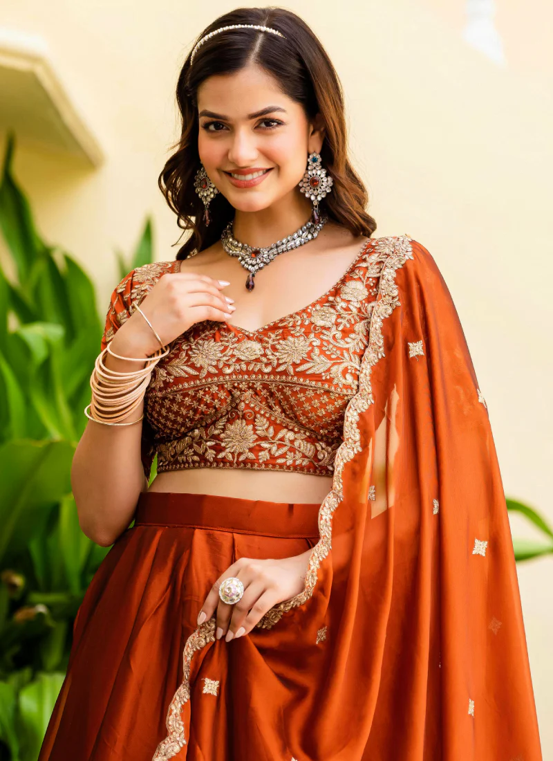 Dainty Zari Embroidered Work Orange Silk Lehenga Choli Set For Women - Image 11