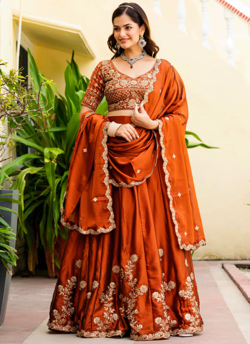 Dainty Zari Embroidered Work Orange Silk Lehenga Choli Set For Women - Image 4