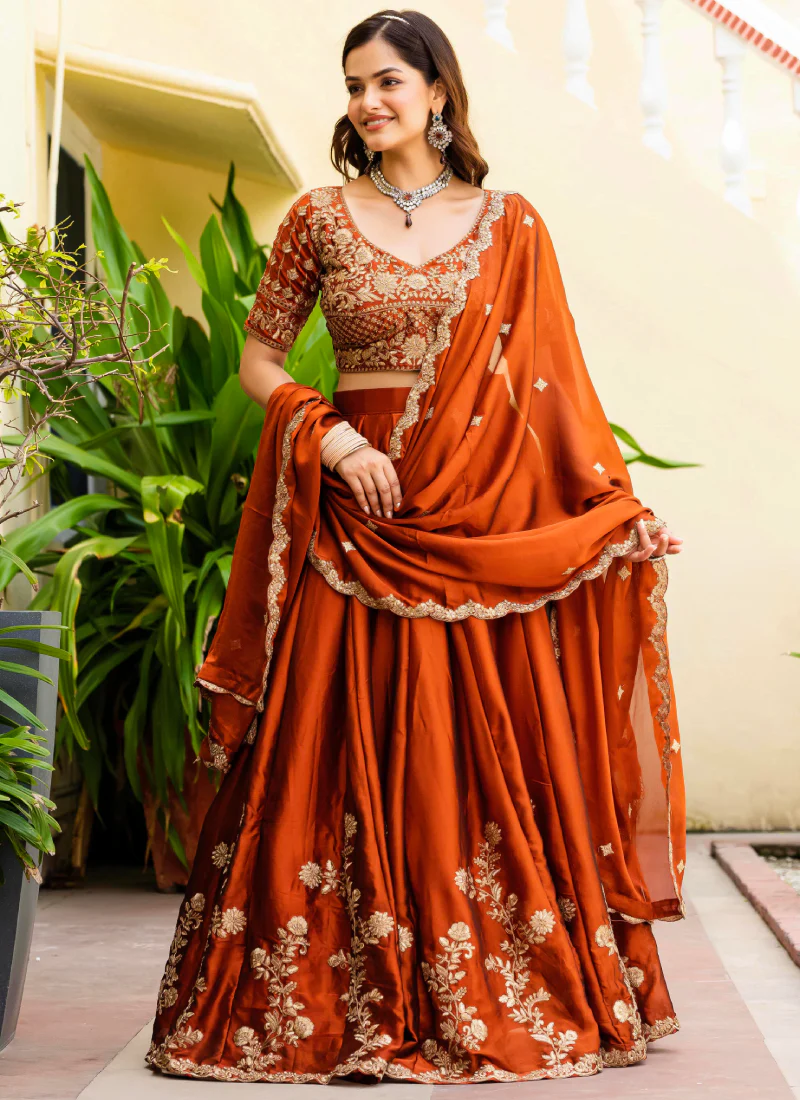 Dainty Zari Embroidered Work Orange Silk Lehenga Choli Set For Women - Image 5