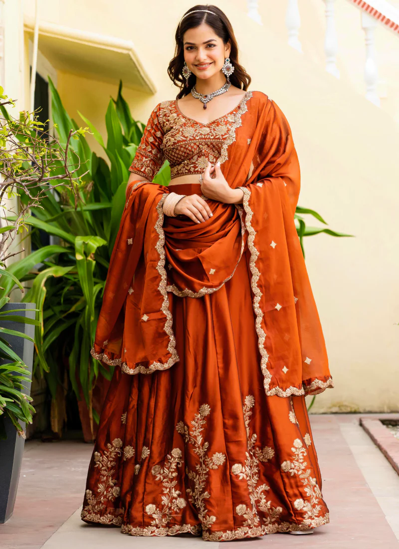 Dainty Zari Embroidered Work Orange Silk Lehenga Choli Set For Women - Image 6