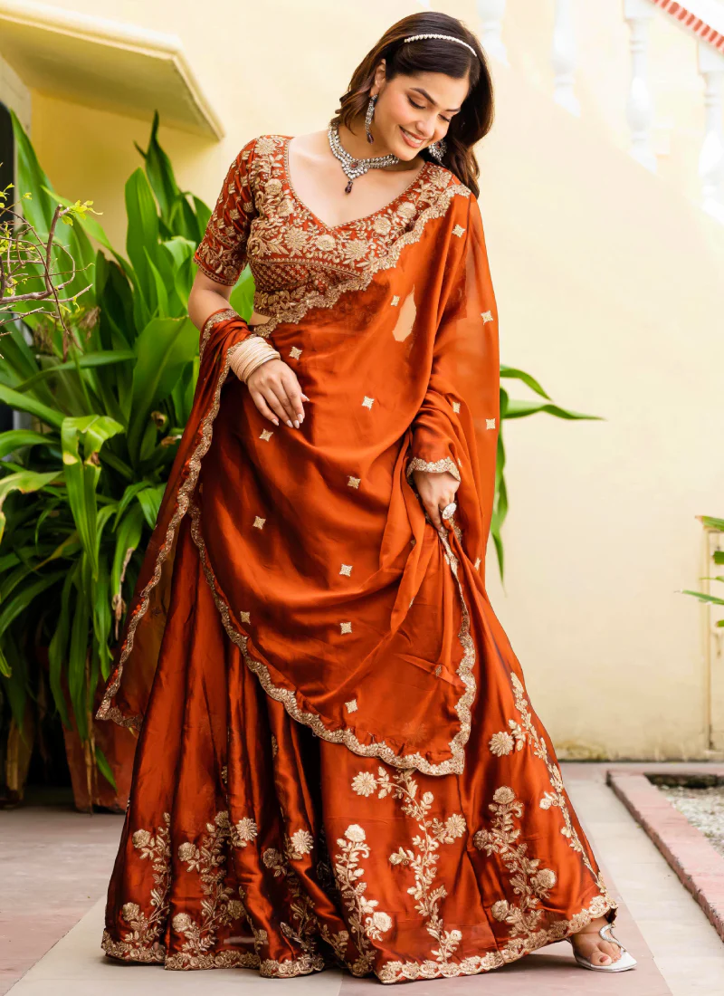 Dainty Zari Embroidered Work Orange Silk Lehenga Choli Set For Women - Image 7