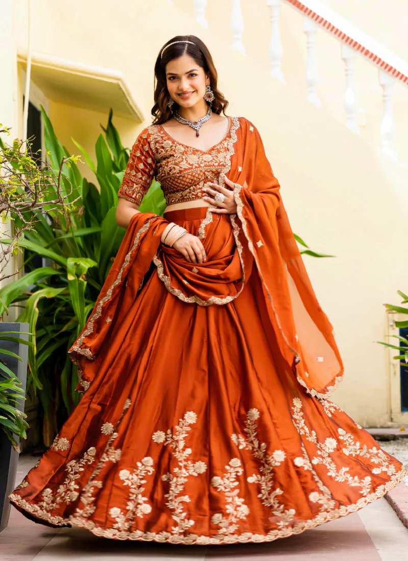 Dainty Zari Embroidered Work Orange Silk Lehenga Choli Set For Women - Image 9