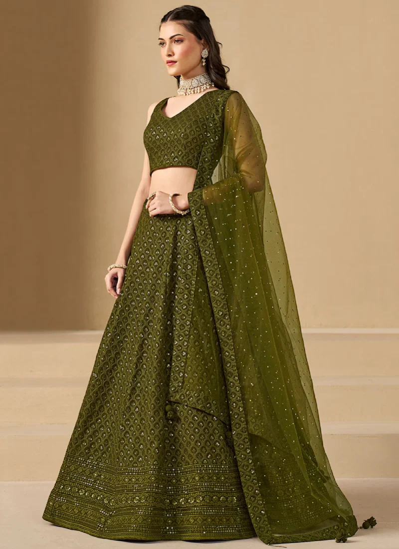 Dazzling Embroidered Work Mehendi Green Lehenga Choli For Wedding - Image 3
