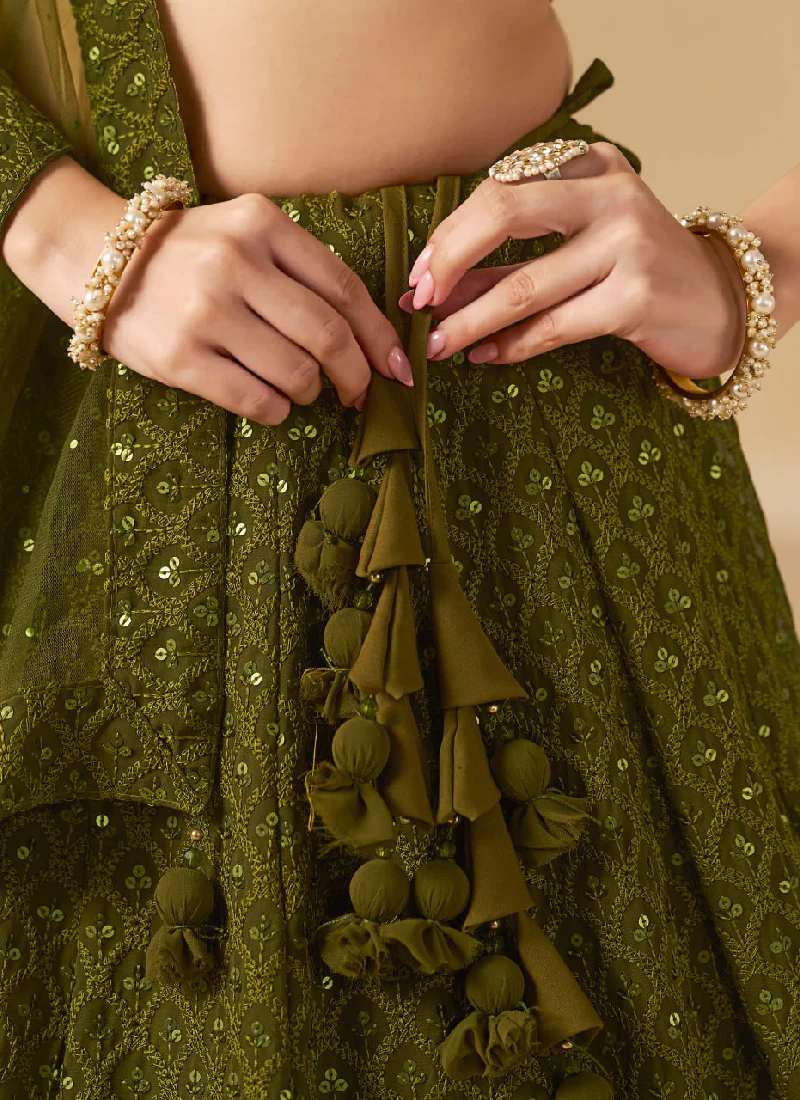 Dazzling Embroidered Work Mehendi Green Lehenga Choli For Wedding - Image 8