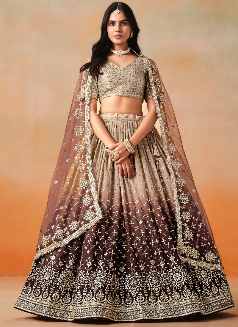 Dazzling Georgette Sequence Embroidery Brown Two Shaded Lehenga Choli