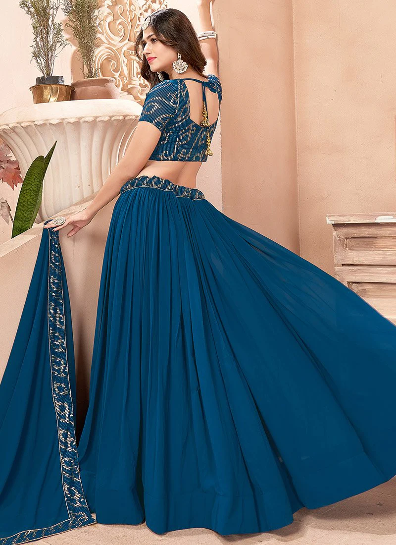 Dazzling Thread Embroidered Faux Georgette Teal Blue Lehenga - Image 2
