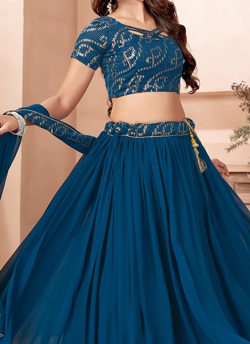 Dazzling Thread Embroidered Faux Georgette Teal Blue Lehenga - Image 3