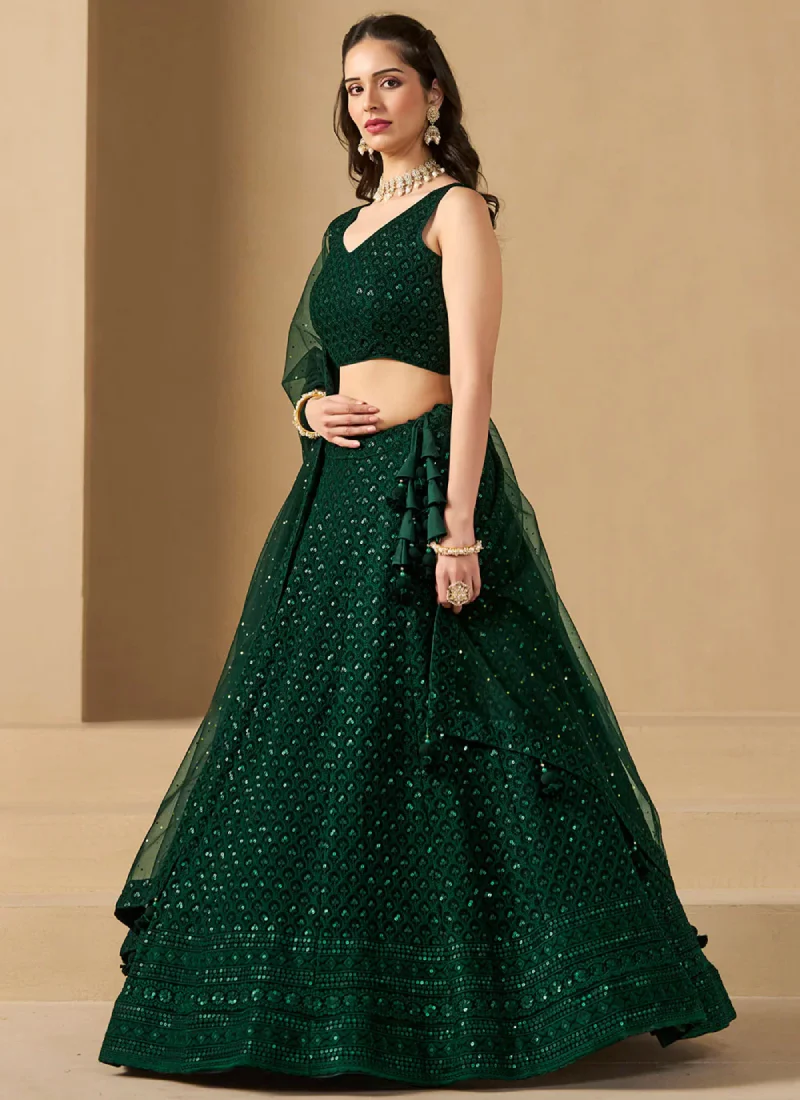 Delightful Bottle Green Sequins Embroidered Lehenga Choli For Mehendi - Image 3