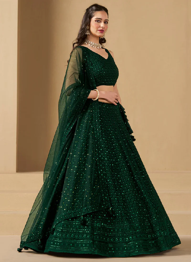 Delightful Bottle Green Sequins Embroidered Lehenga Choli For Mehendi - Image 4