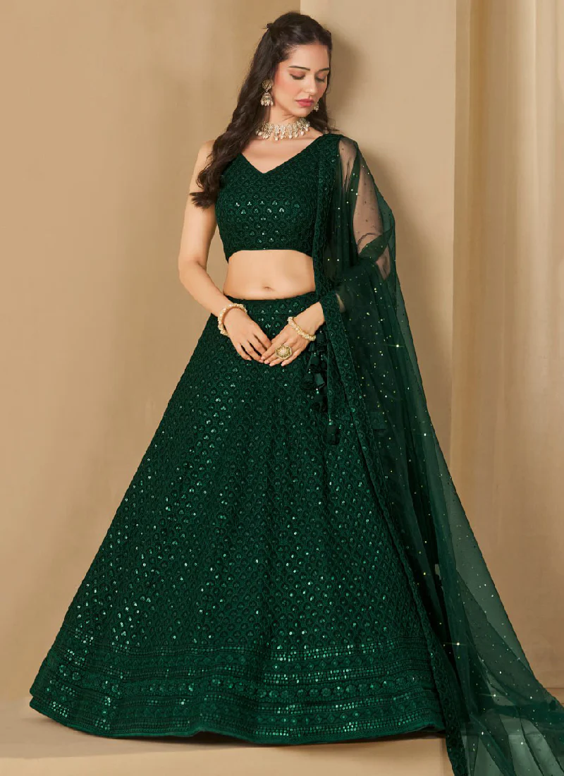 Delightful Bottle Green Sequins Embroidered Lehenga Choli For Mehendi - Image 5