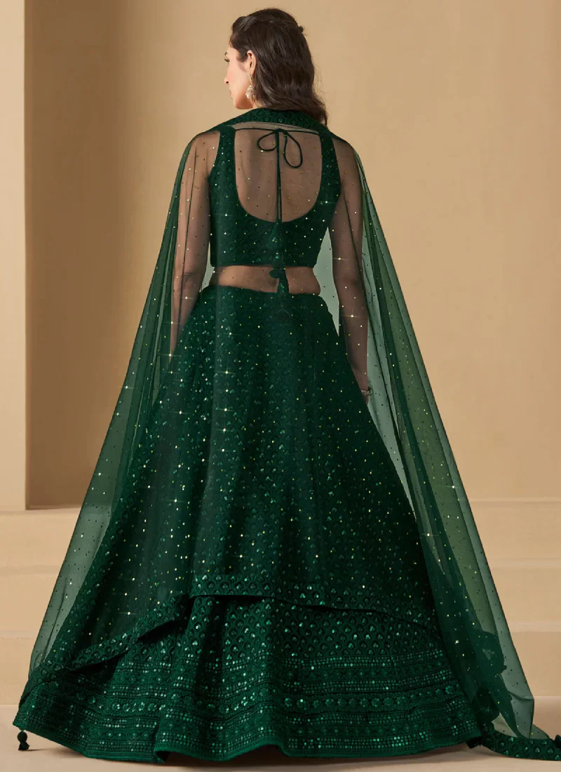 Delightful Bottle Green Sequins Embroidered Lehenga Choli For Mehendi - Image 6