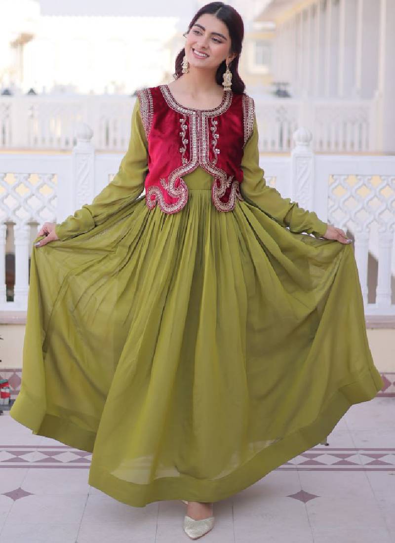 Designer Chanderi Silk Parrot Green Plain Gown With Embroidered Jacket - Image 11