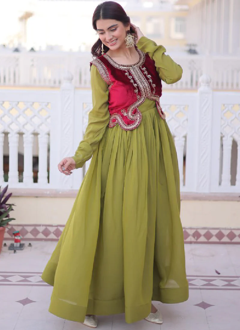 Designer Chanderi Silk Parrot Green Plain Gown With Embroidered Jacket - Image 12
