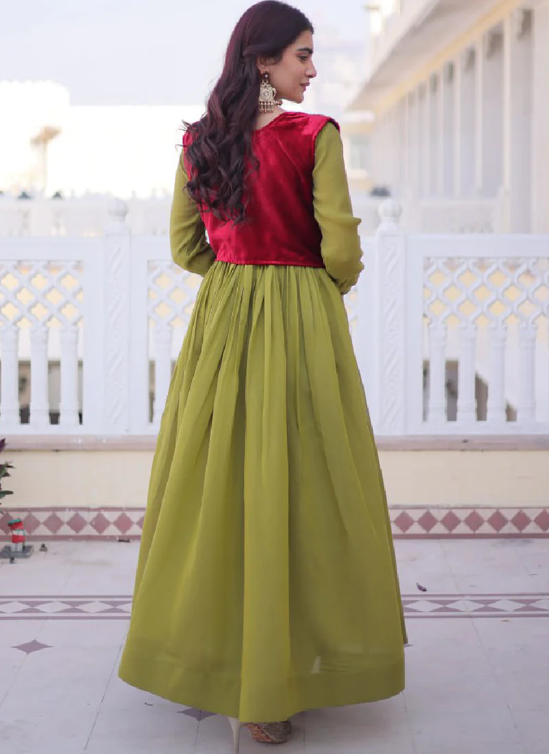 Designer Chanderi Silk Parrot Green Plain Gown With Embroidered Jacket - Image 13