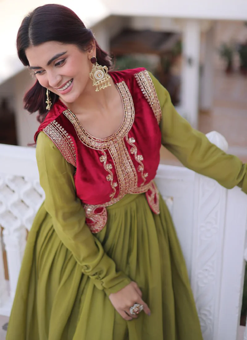 Designer Chanderi Silk Parrot Green Plain Gown With Embroidered Jacket - Image 3
