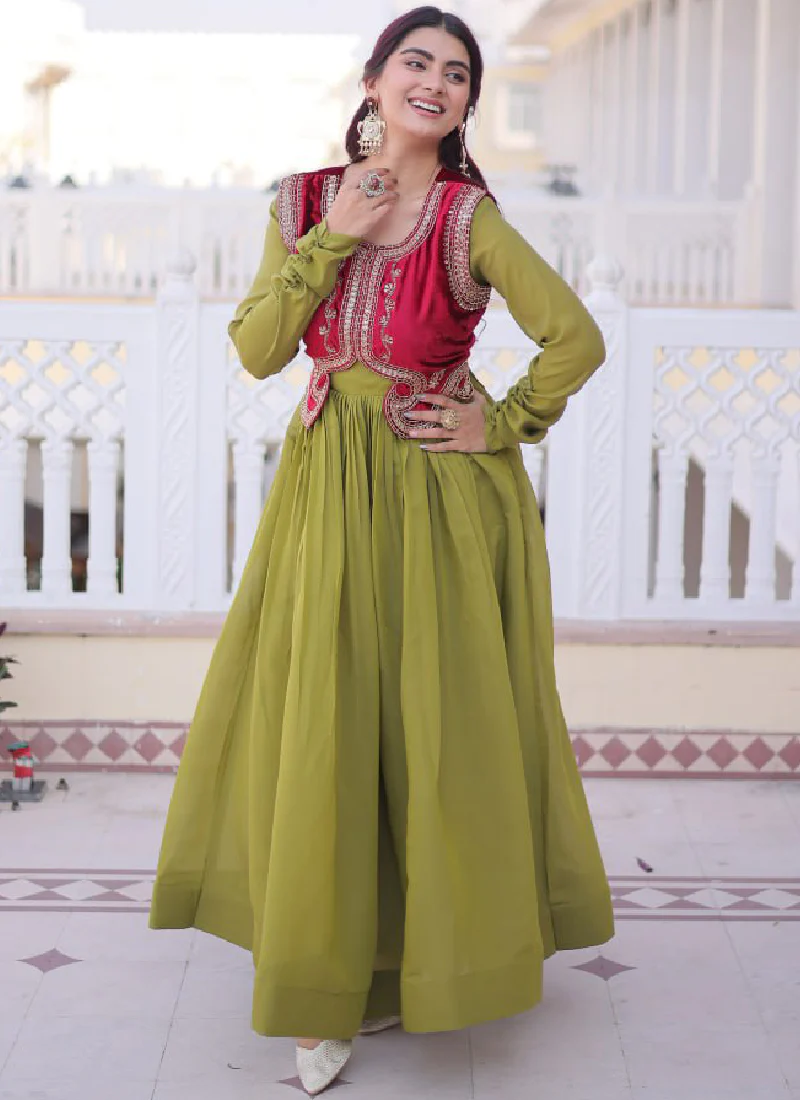Designer Chanderi Silk Parrot Green Plain Gown With Embroidered Jacket - Image 5