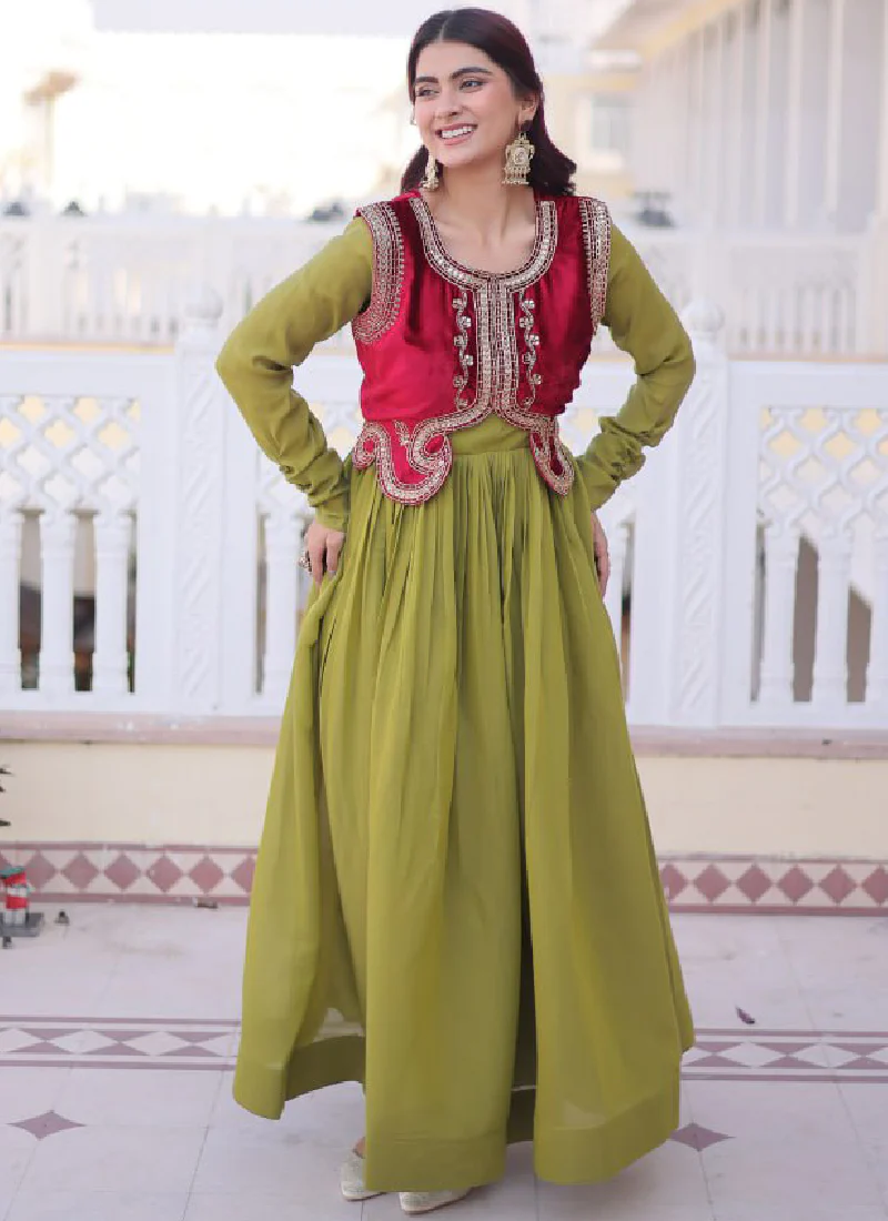 Designer Chanderi Silk Parrot Green Plain Gown With Embroidered Jacket - Image 6
