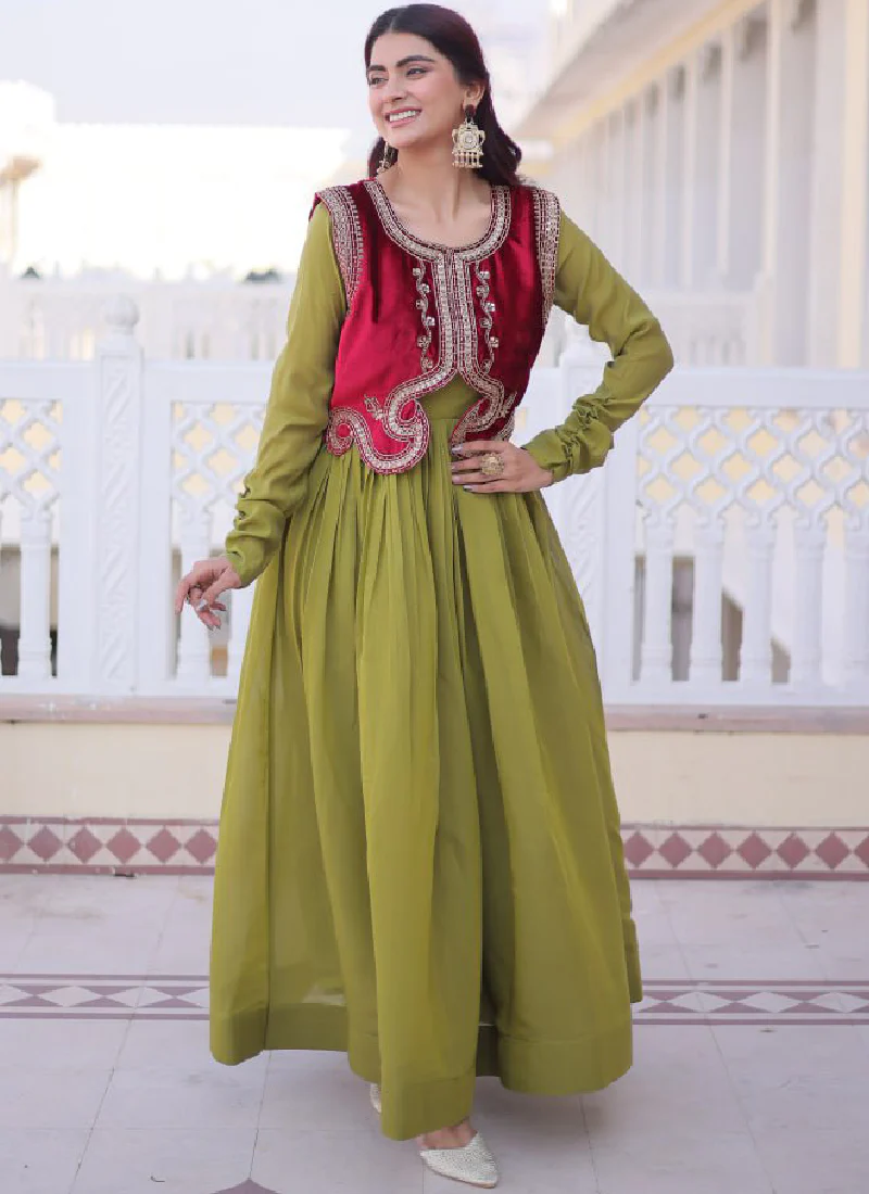 Designer Chanderi Silk Parrot Green Plain Gown With Embroidered Jacket - Image 7