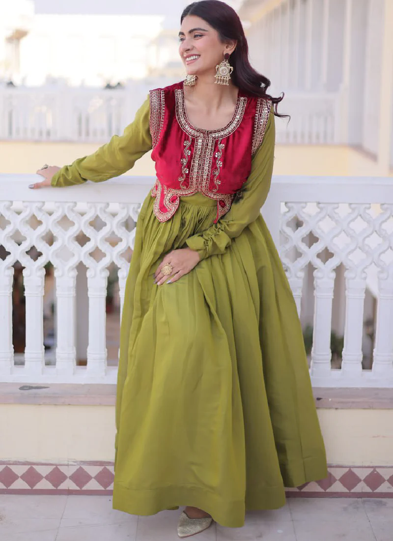 Designer Chanderi Silk Parrot Green Plain Gown With Embroidered Jacket - Image 8