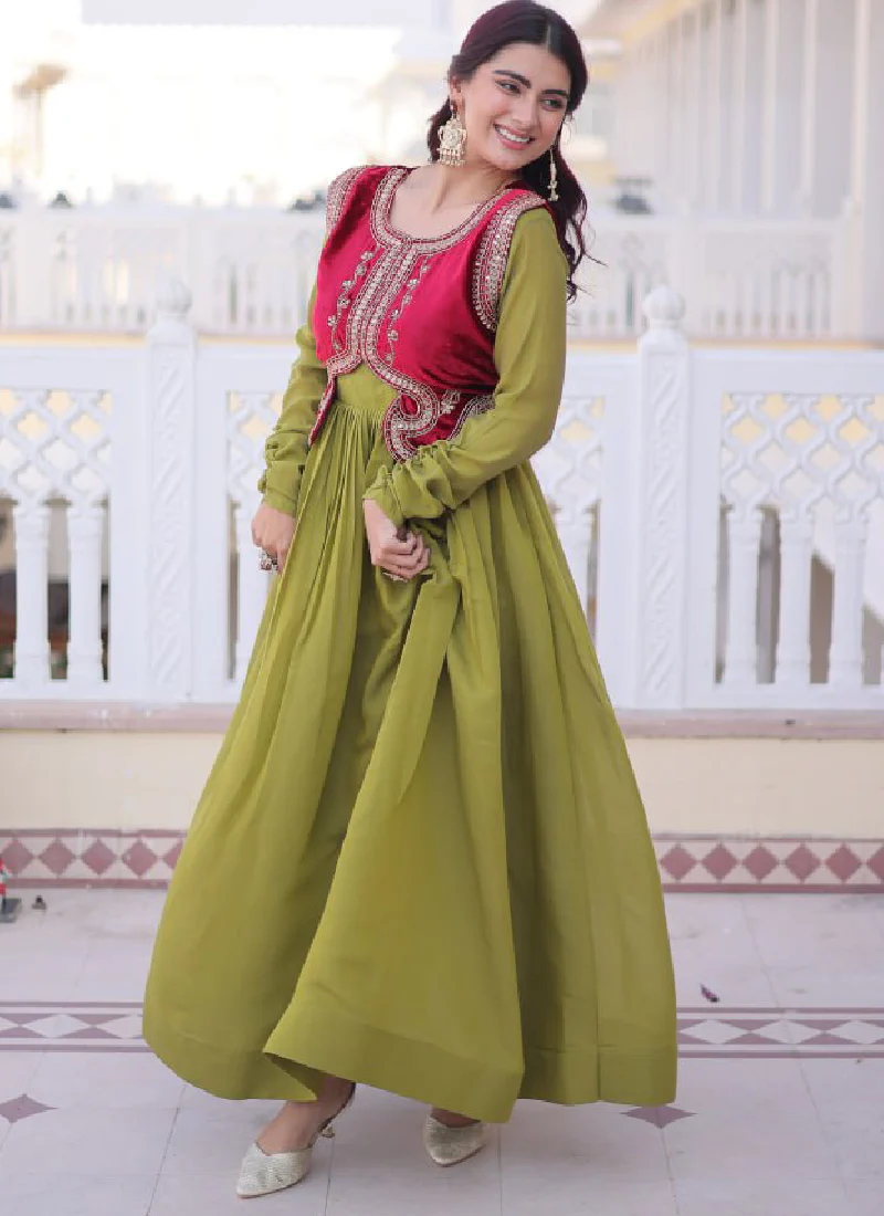 Designer Chanderi Silk Parrot Green Plain Gown With Embroidered Jacket - Image 9