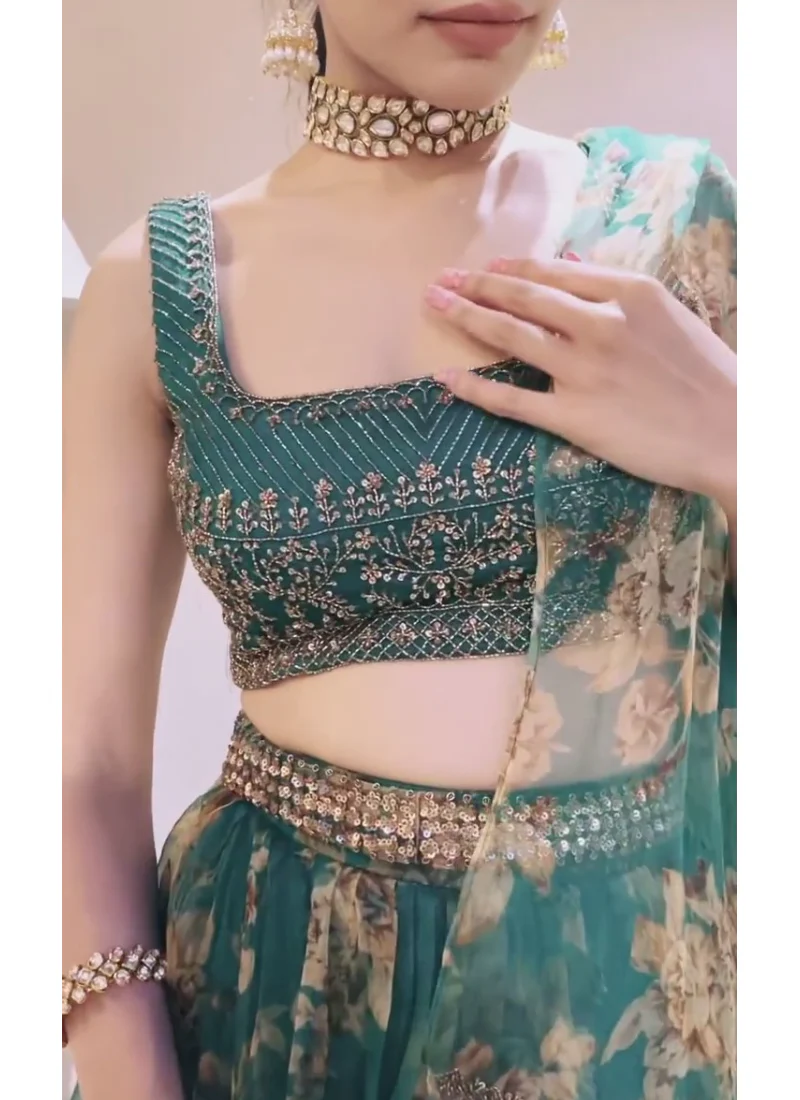 Designer Floral Printed Wedding Organza Lehenga Choli - Image 3