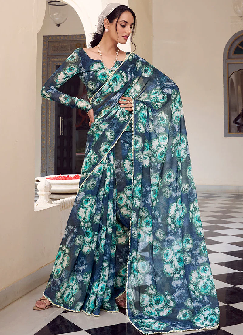 Designer Georgette Floral Printed Navy Blue Saree With Blouse - Image 3