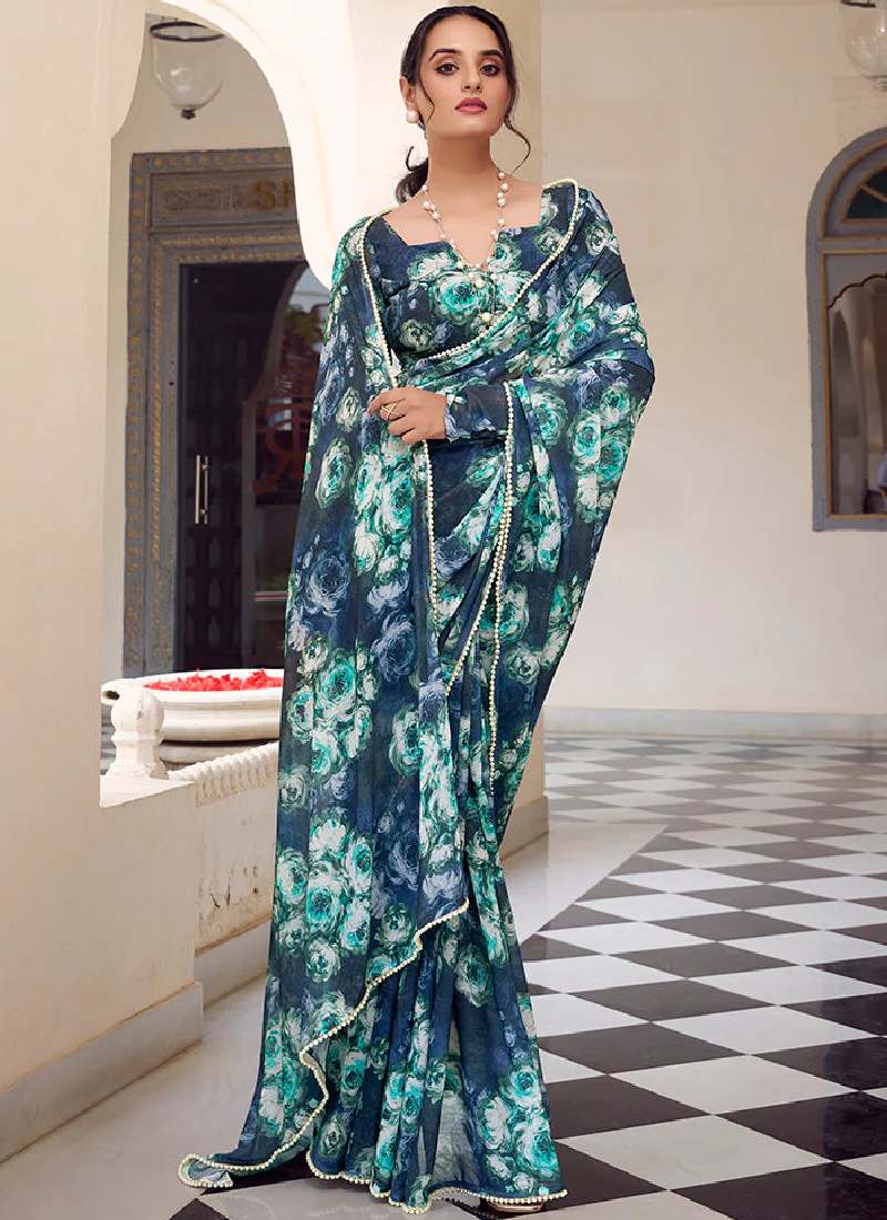 Designer Georgette Floral Printed Navy Blue Saree With Blouse - Image 4