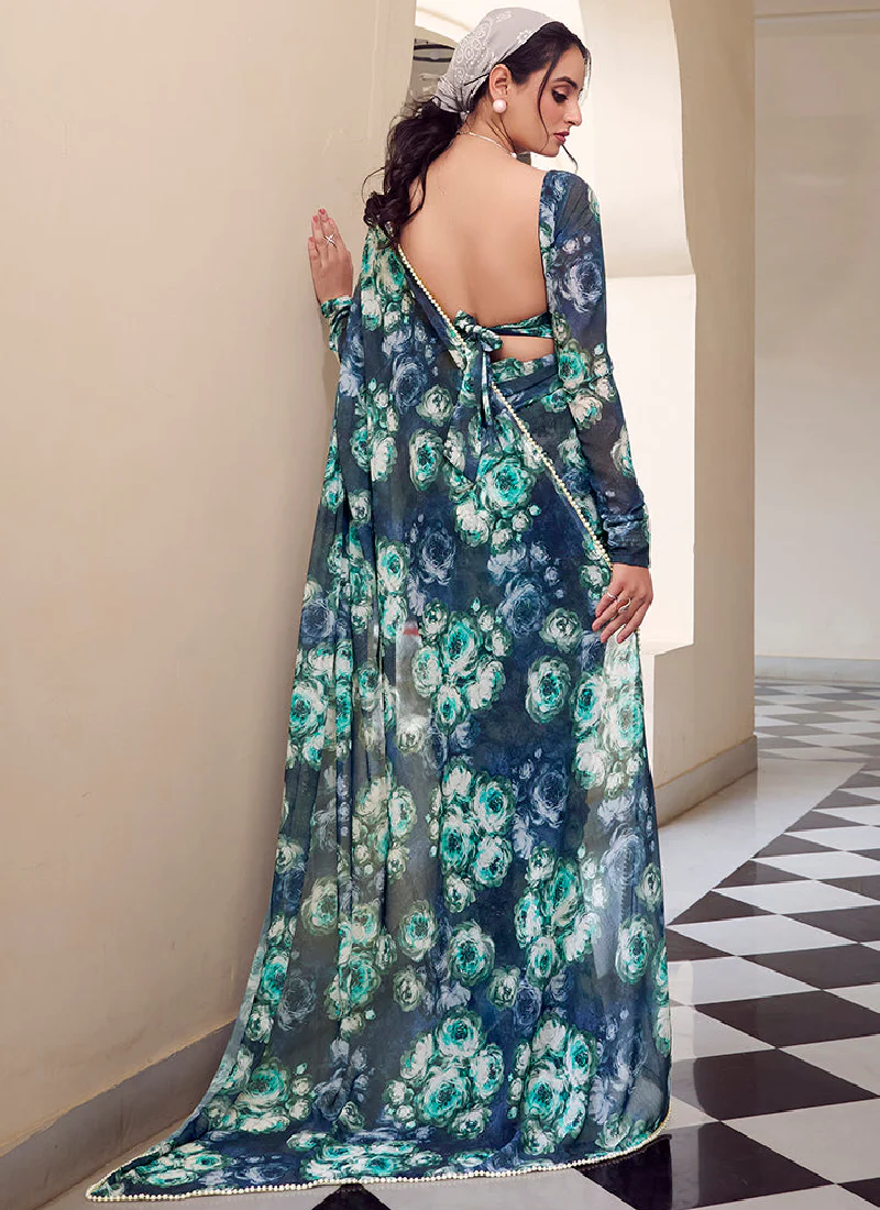Designer Georgette Floral Printed Navy Blue Saree With Blouse - Image 5