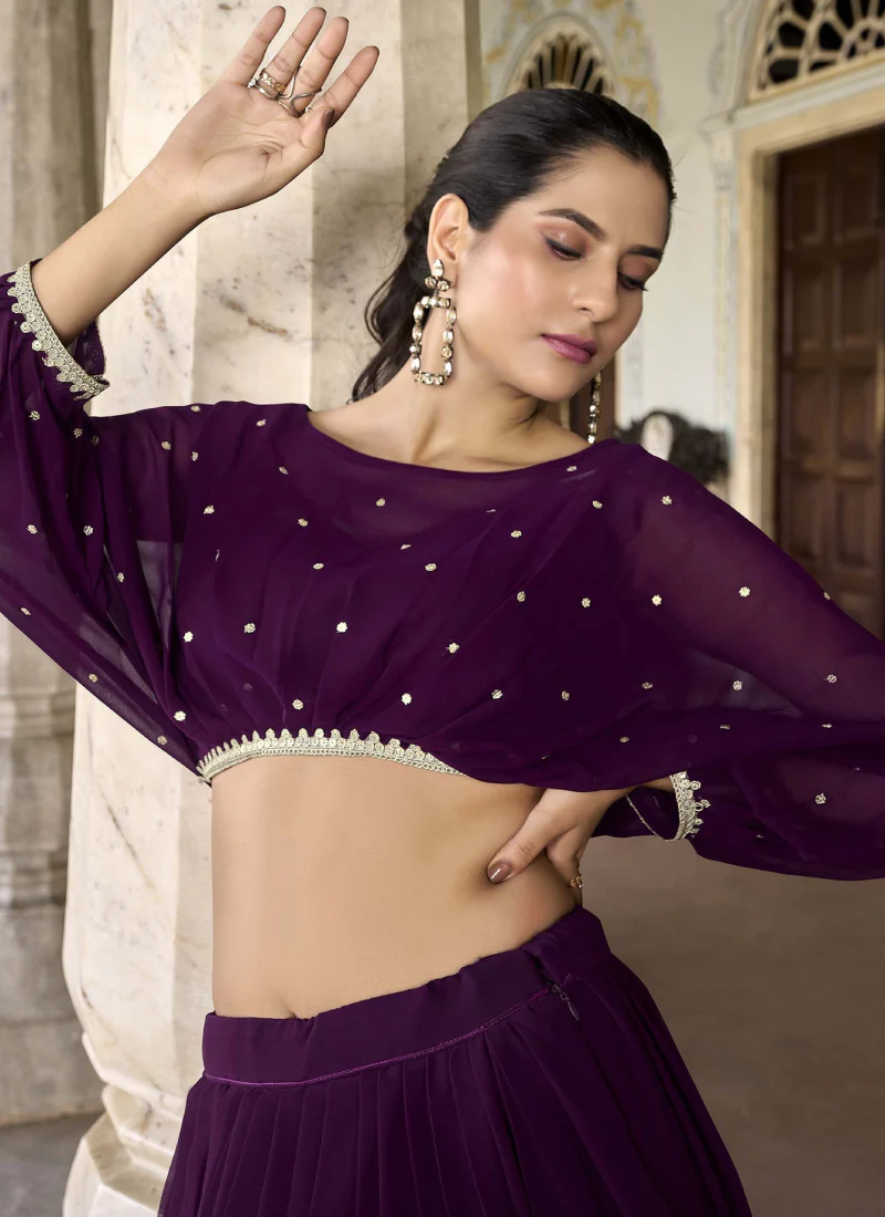 Designer Georgette Thread Embroidered Work Wine Crop Top Lehenga - Image 2