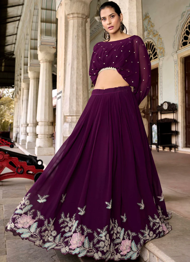 Designer Georgette Thread Embroidered Work Wine Crop Top Lehenga - Image 3