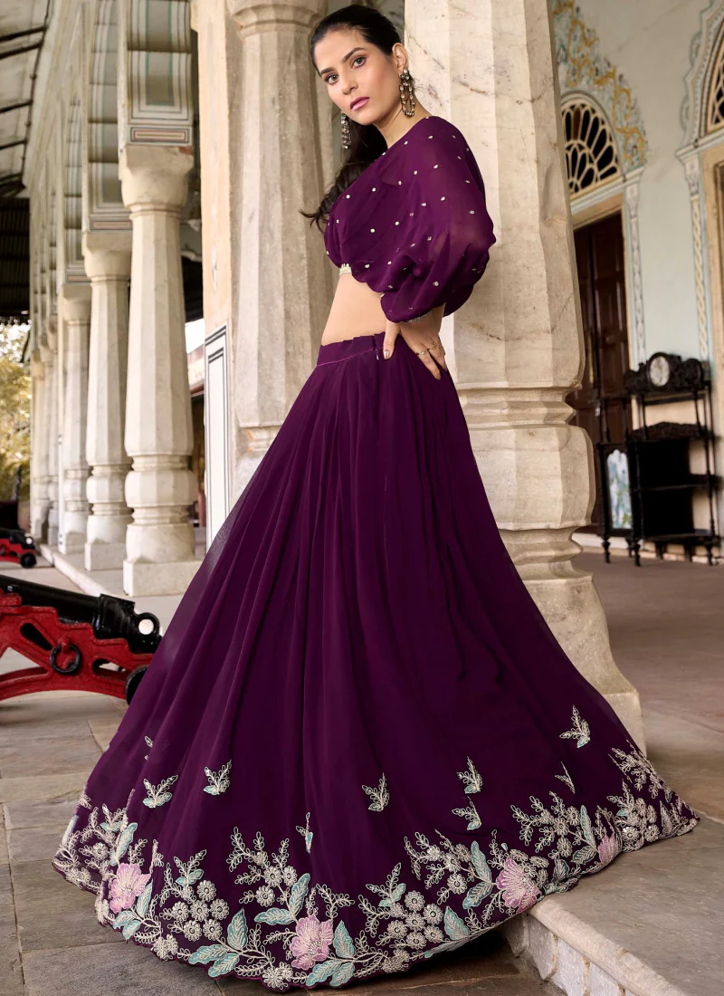 Designer Georgette Thread Embroidered Work Wine Crop Top Lehenga - Image 4