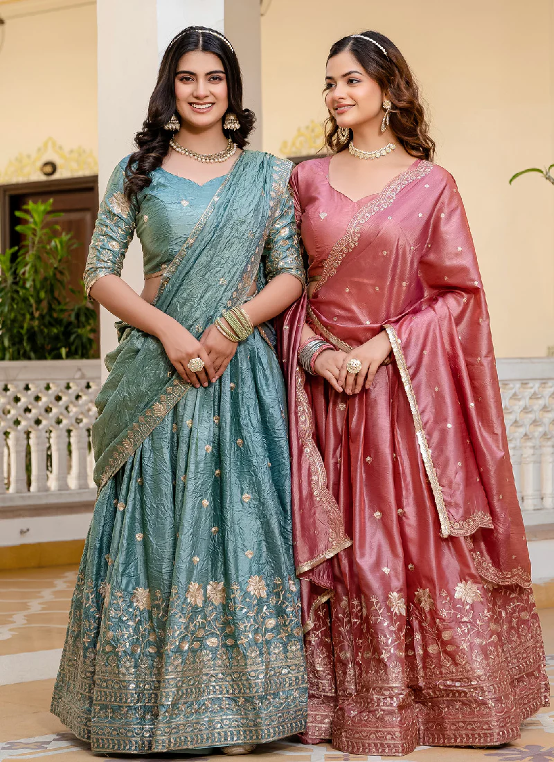 Designer Gold Crush Sequence Work Pink Lehenga Choli Set For Women - Image 6