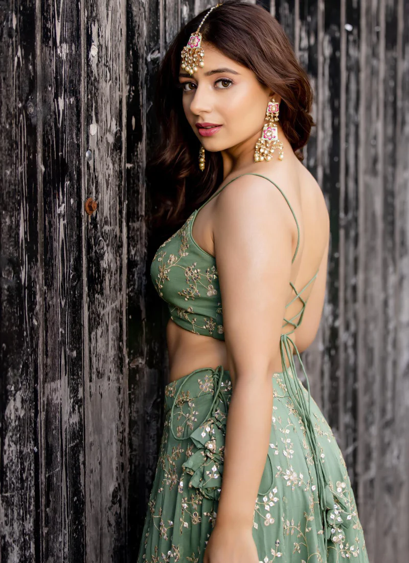 Designer Green Zari Work Georgette Lehenga For Women - Image 5