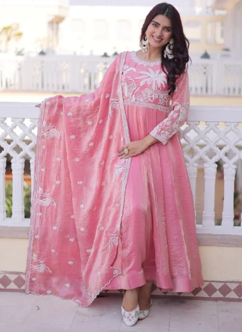 Designer Light Pink Zari Embroidered Fendi Silk Gown With Dupatta Set