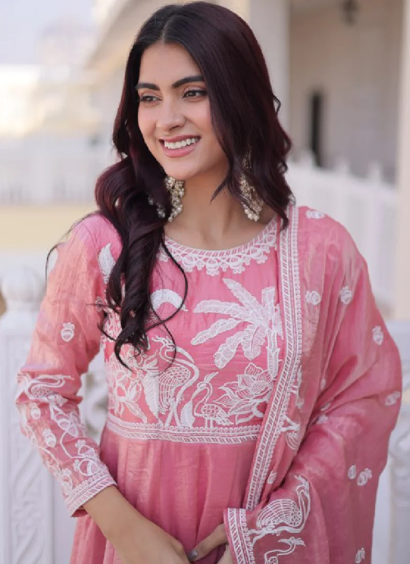 Designer Light Pink Zari Embroidered Fendi Silk Gown With Dupatta Set - Image 2