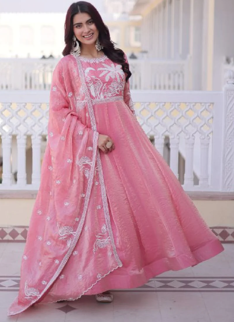 Designer Light Pink Zari Embroidered Fendi Silk Gown With Dupatta Set - Image 3