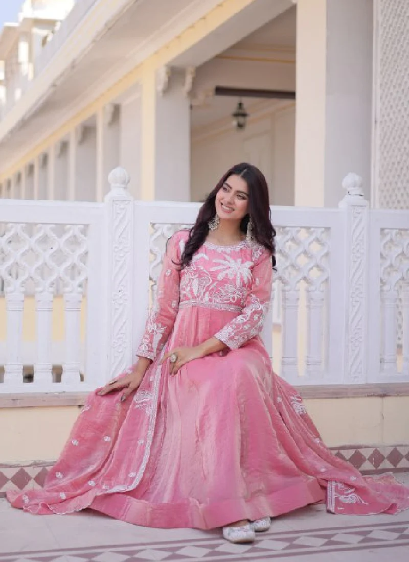 Designer Light Pink Zari Embroidered Fendi Silk Gown With Dupatta Set - Image 6
