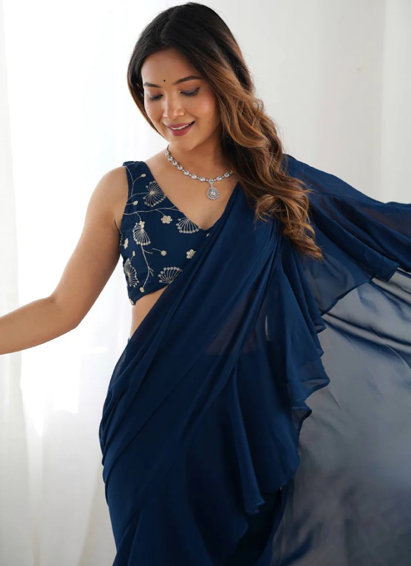 Designer Navy Blue Georgette Sharara Saree With Sequence Work Blouse - Image 4