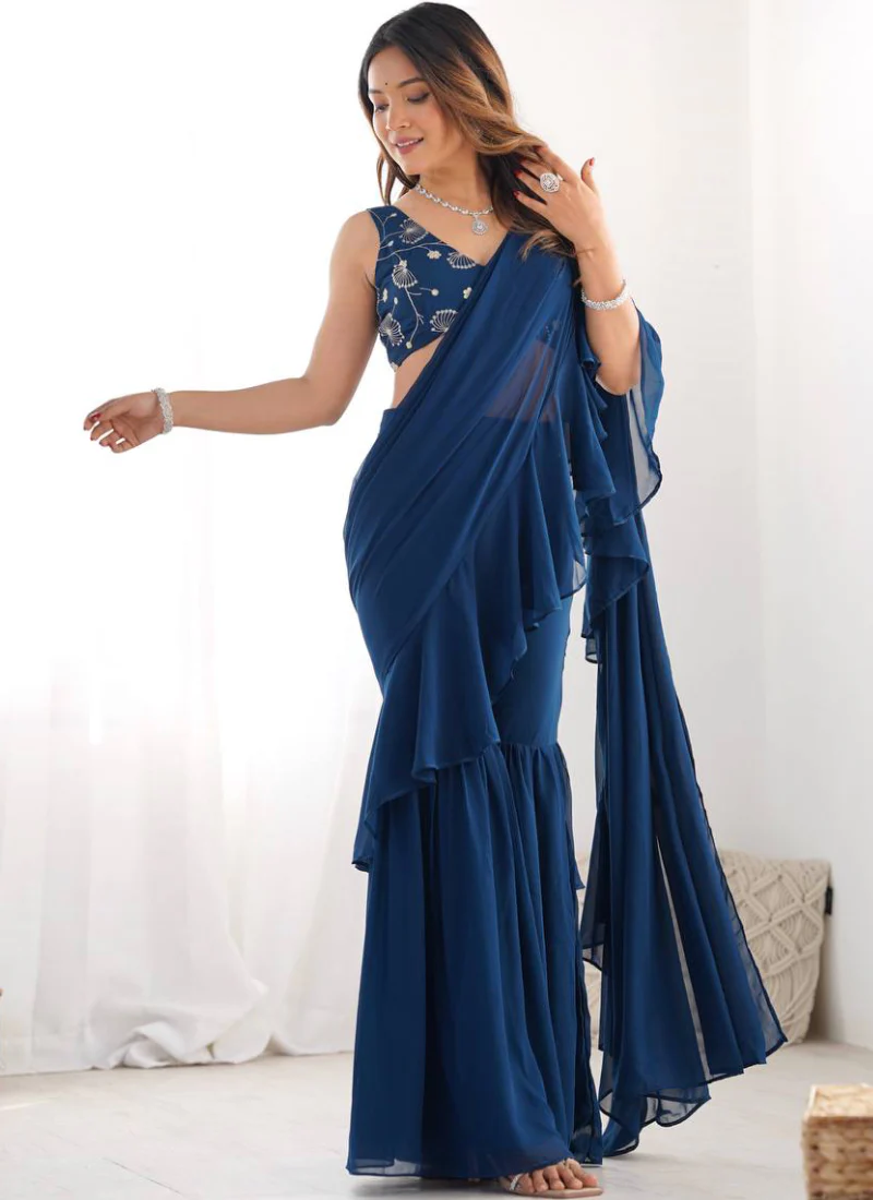 Designer Navy Blue Georgette Sharara Saree With Sequence Work Blouse - Image 5