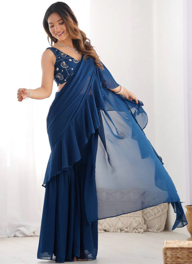 Designer Navy Blue Georgette Sharara Saree With Sequence Work Blouse - Image 6
