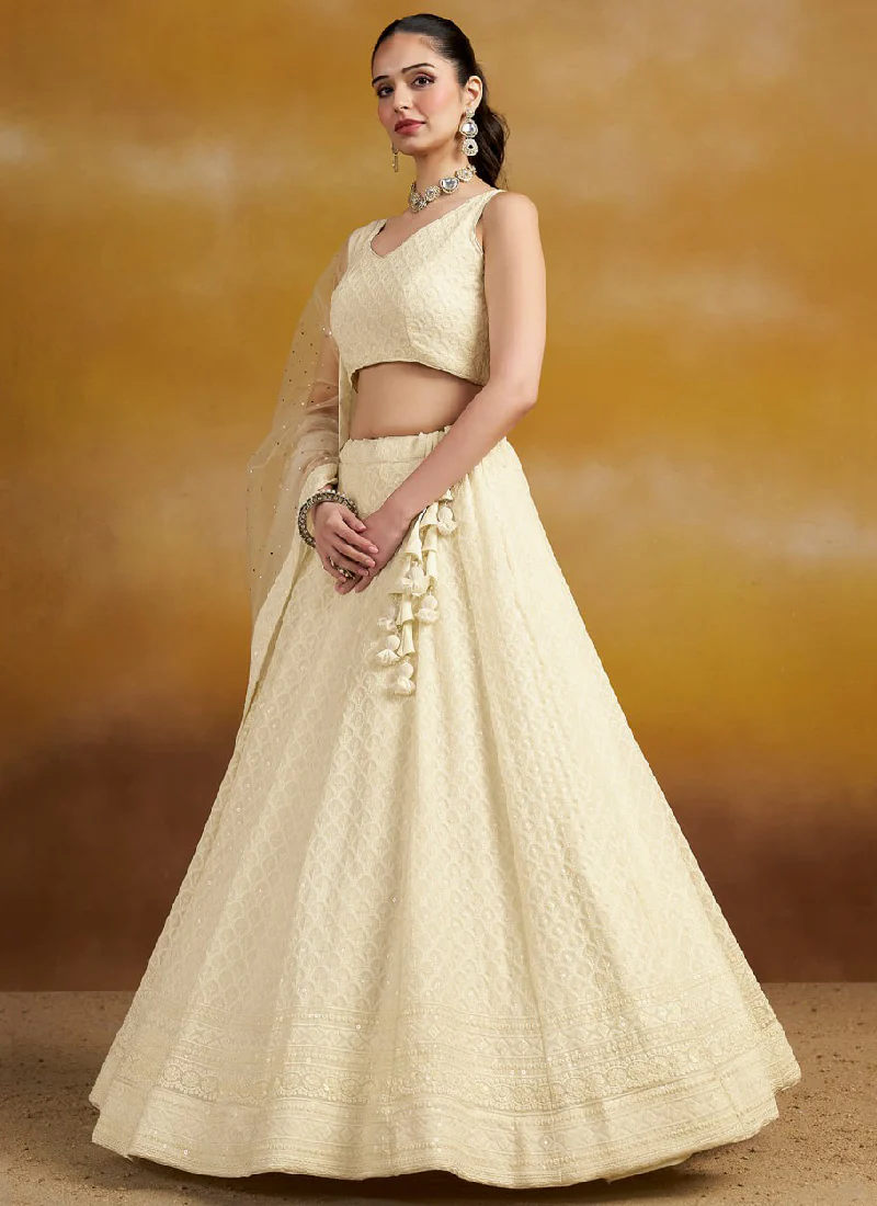 Designer Off White Georgette Thread Embroidery Lehenga Choli For Party - Image 3