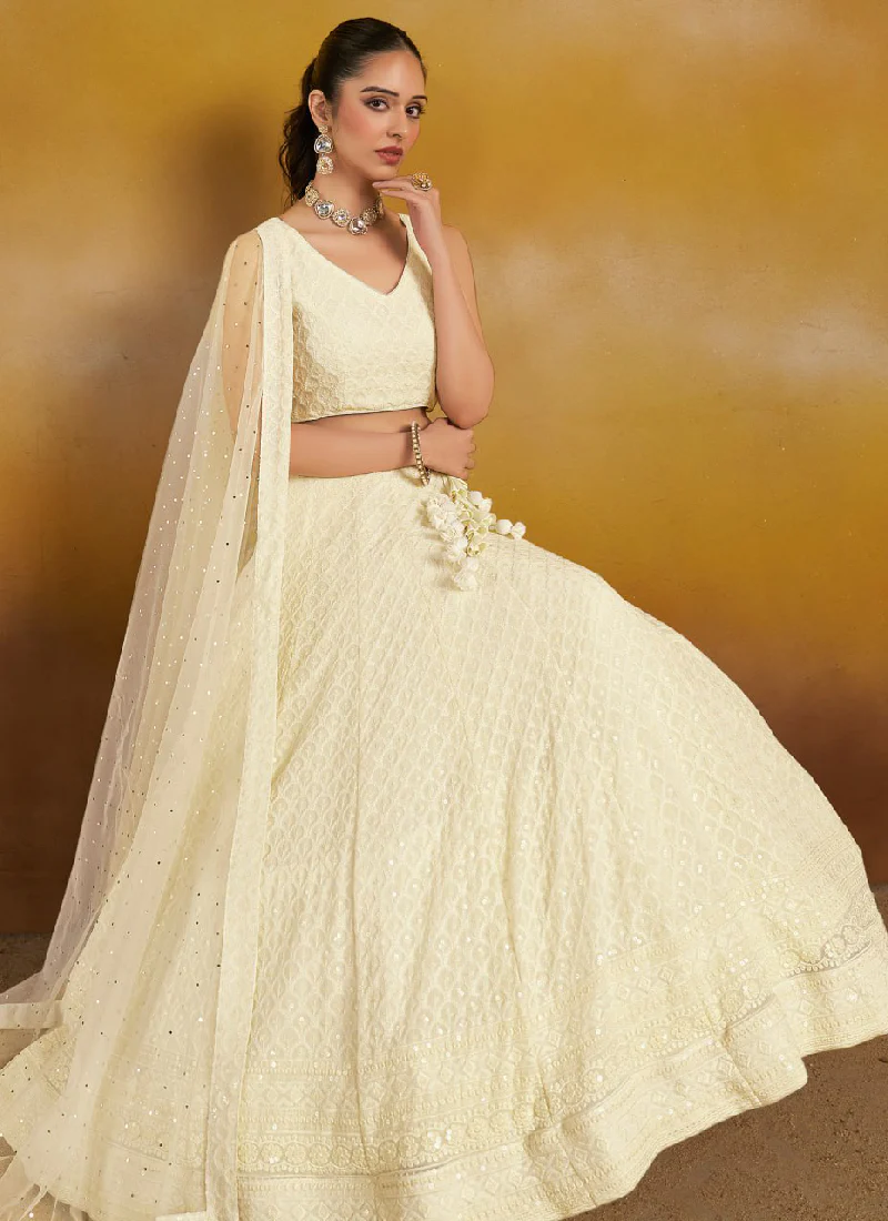 Designer Off White Georgette Thread Embroidery Lehenga Choli For Party - Image 4