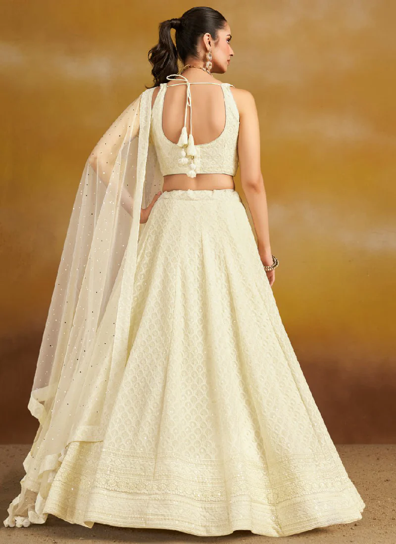 Designer Off White Georgette Thread Embroidery Lehenga Choli For Party - Image 5