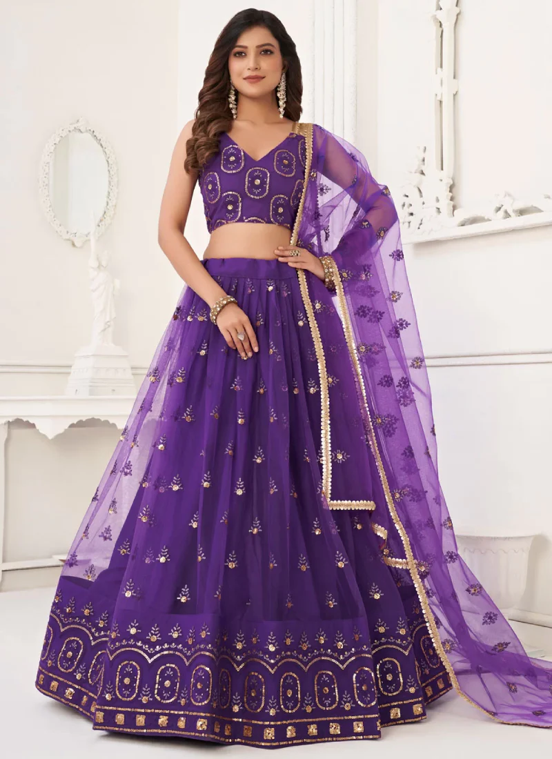 Designer Purple Butterfly Net Sequence Embroidery Work Lehenga Choli - Image 2