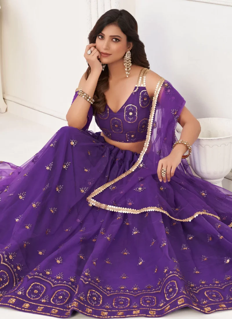 Designer Purple Butterfly Net Sequence Embroidery Work Lehenga Choli - Image 4