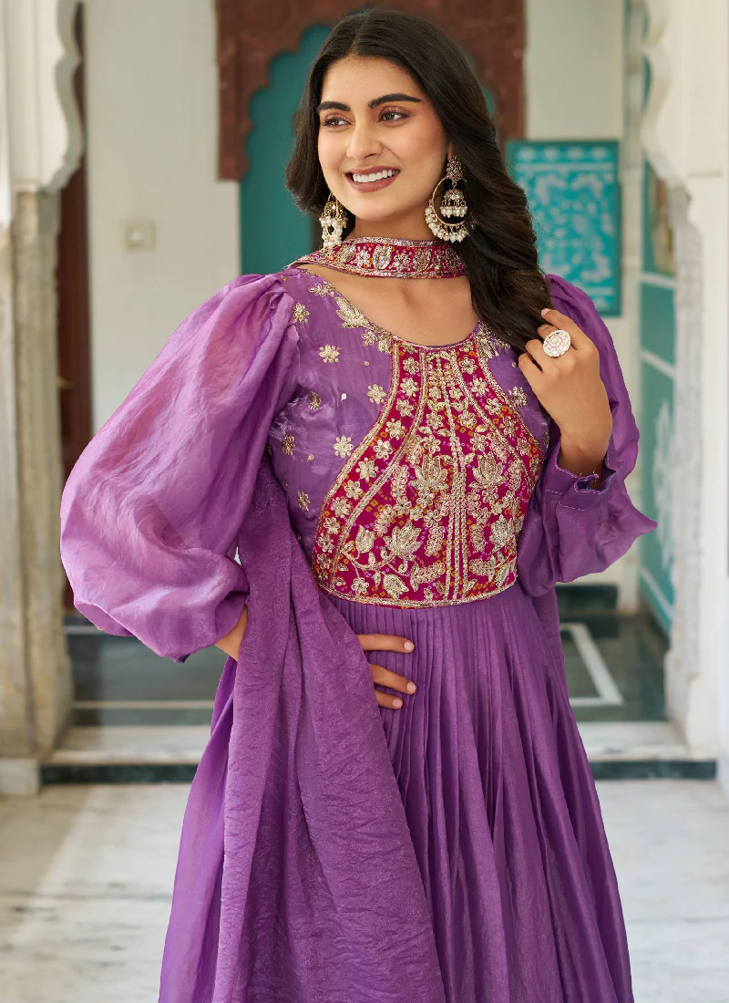 Designer Purple Fendy Silk Sequence Embroidery Work Long Anarkali Gown - Image 3