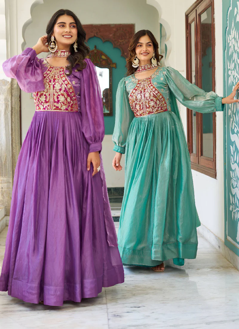 Designer Purple Fendy Silk Sequence Embroidery Work Long Anarkali Gown - Image 6