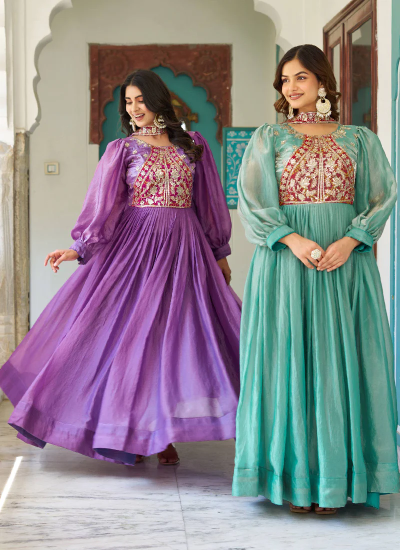 Designer Purple Fendy Silk Sequence Embroidery Work Long Anarkali Gown - Image 7