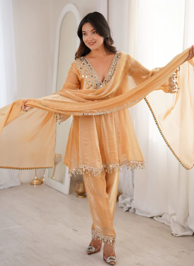 Designer Real Mirror Work Cream Fendi Silk Salwar Kameez For Women - Image 3